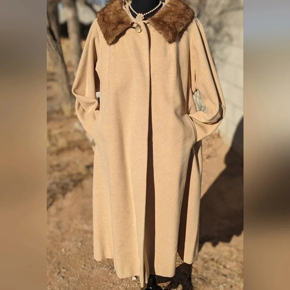 Mid-Century Wool Coat with Real Mink Fur Collar- Trench coat overcoat union-made - Picture 2 of 16